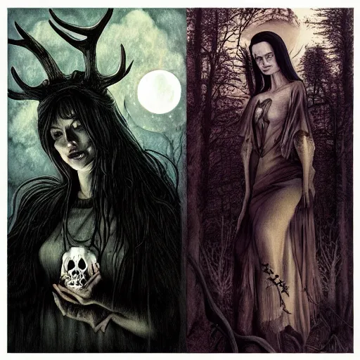 Image similar to an epic horrific wiccan gothic painting of a mother - nature witch cult woman wearing a deer skull, in a moonlit forest by gerald brom by junji ito by vanessa lemen by charlie bowater