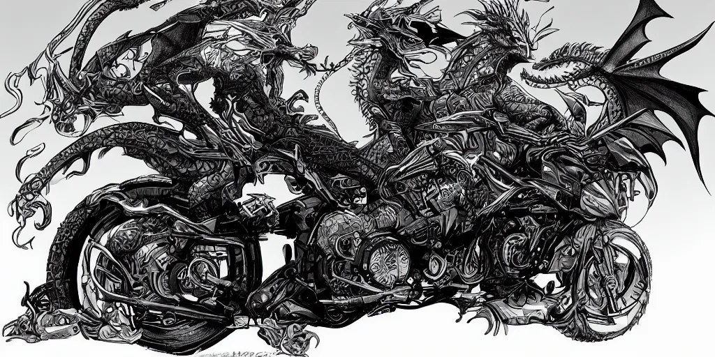 Prompt: dragon motorcycle, black and white, trending on artstation