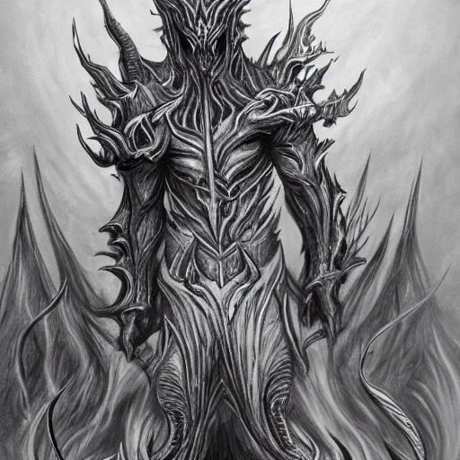 Prompt: full body grayscale drawing by Anato Finnstark of diablo lord of terror in 3/4 view, swirling flames