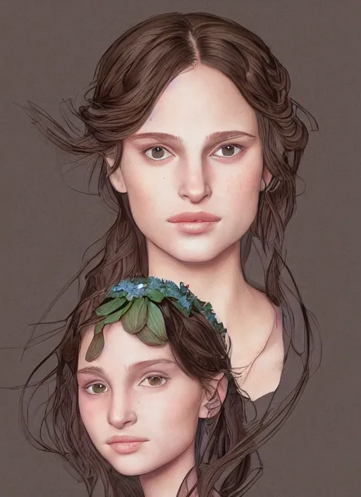 Image similar to well - lit art nouveau face portrait of a 1 3 - year old girl wih resembles natalie portman and emily browning holding a flower, natural lighting, path traced, highly detailed, high quality, cartoon, digital painting, by don bluth and ross tran and studio ghibli
