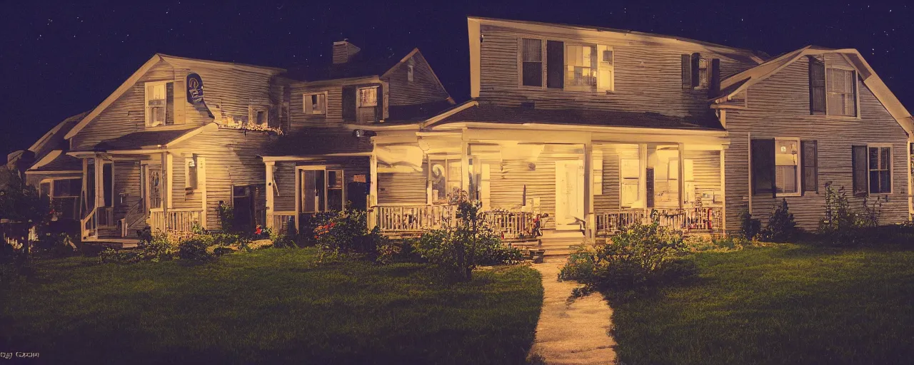 Prompt: a nostalgic photograph of a suburban home at night during summer, by closecore