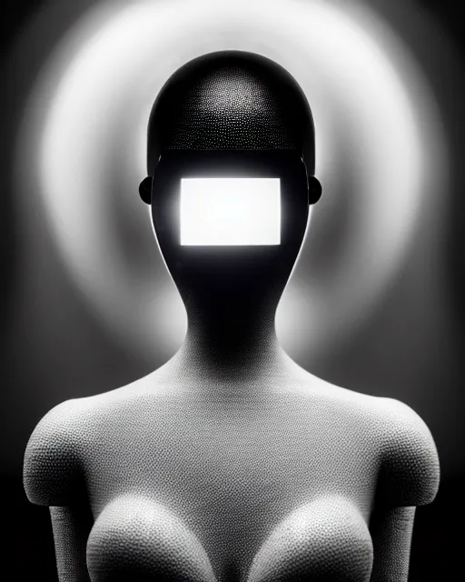 Image similar to black and white high quality photo of a beautiful female AI vegetal-cyborg looking into a sci-fi mirror, volumetric lighting, liminal space, brutalism, foggy, dreamy, hyperdetailed, bokeh, photorealistic, cinematic, masterpiece, Metropolis, elegant, dark, by Man Ray in the style of Horst P. Horst, octane render, 8K,