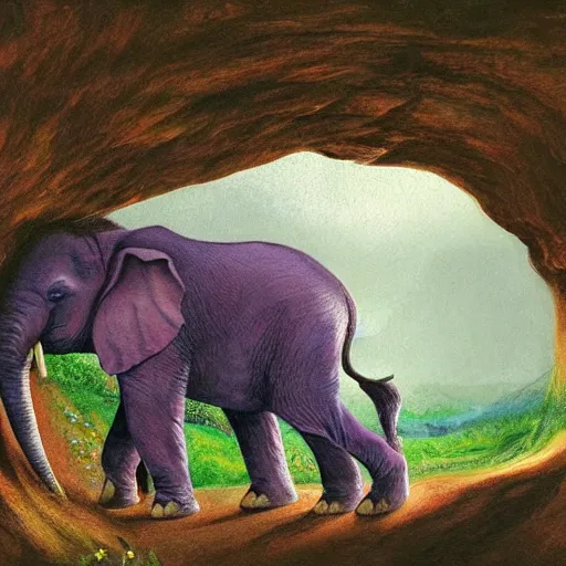 Prompt: purple elephant running stuck in a cave entrance because it is too small, close up camera angle, raining, mountain behind meadow, menacing, illustration, detailed, smooth, soft, cold, by Adolf Lachman, Shaun Tan, Surrealism