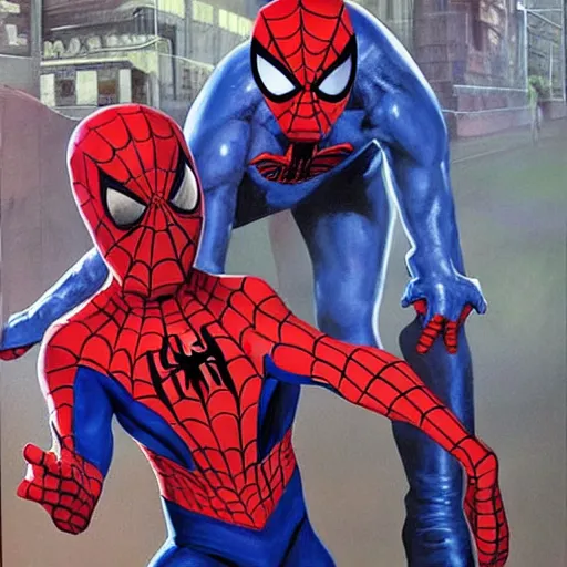 Image similar to cory feldman as spider - man, unmasked, battle - damaged, facing off against hobgoblin, alex ross painting