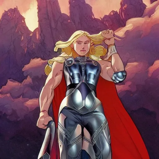 Prompt: thor perfect coloring, low saturation, epic composition, masterpiece, bold complimentary colors. stunning masterfully illustrated by artgerm, range murata, alphonse mucha, katsuhiro otomo