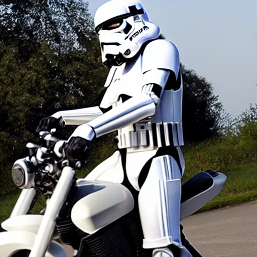 Image similar to stormtrooper riding a motorcycle