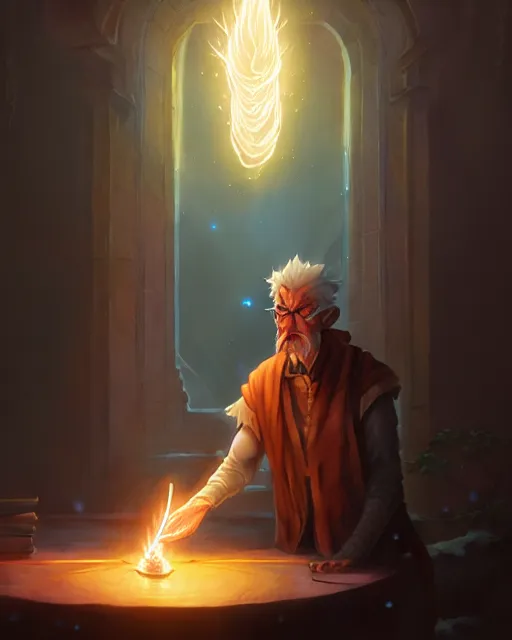 Image similar to highly detailed vfx portrait of an old mage casting a light spell, unreal engine, greg rutkowski, loish, rhads, beeple, makoto shinkai and lois van baarle, ilya kuvshinov, rossdraws, tom bagshaw, alphonse mucha, global illumination, detailed and intricate environment