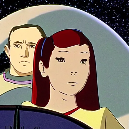 Image similar to movie still of star trek, woman in dress, studio ghibli