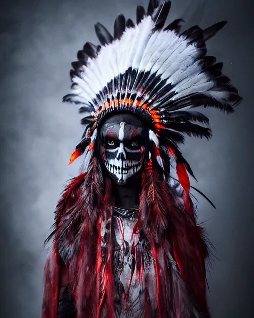 Image similar to the ghost - spirit of the grim - warpaint wears the scarlet skull armor and native blood headdress feathers, midnight fog - mist!, cinematic lighting, various refining methods, micro macro autofocus, ultra definition, award winning photo