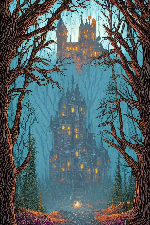 Prompt: A castle in the forest by Dan Mumford