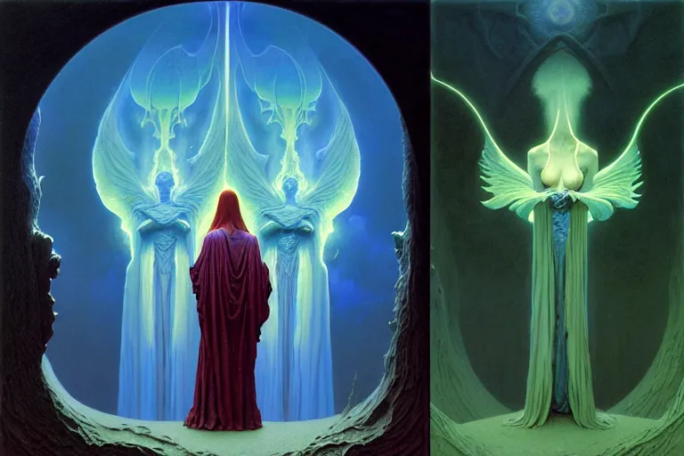 Image similar to the female arcanist and the male artificer by albert bierstadt and gerald brom and zdzisław beksinski and james gilleard and wayne barlowe and marc simonetti and jean delville, beautiful, robes, highly detailed, hyperrealistic, intricate, energy, electricity, blue flame, low light, green crystal, high contrast