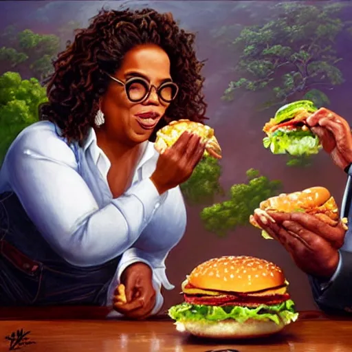 Image similar to portrait of oprah winfrey feeding tom cruise giant hamburgers, extra bacon lettuce and tomatoes, an oil painting by ross tran and thomas kincade
