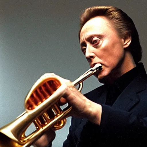 Prompt: Christopher Walken playing a trumpet with his ear