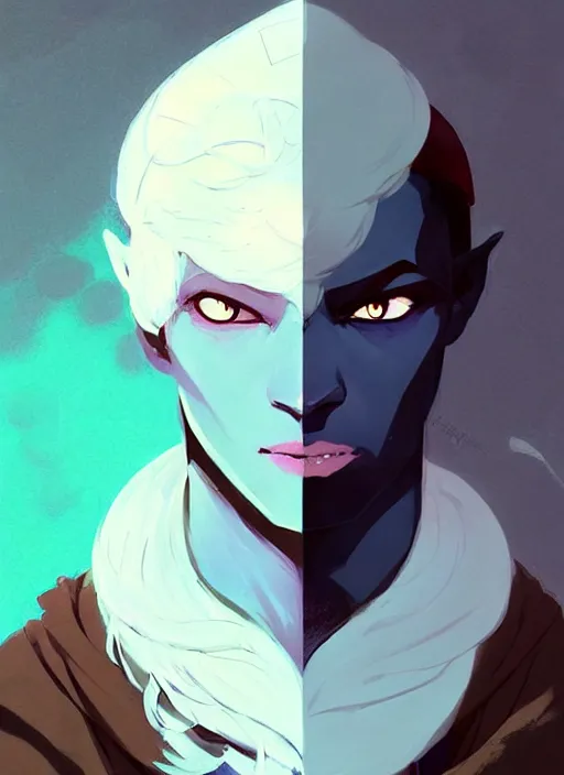 Image similar to ( ( ( ( ( portrait of male drow from dungeons and dragons. ) ) ) ) ) by atey ghailan, by greg rutkowski, by greg tocchini, by james gilleard, by joe fenton, by kaethe butcher, dynamic lighting, gradient light blue, brown, blonde cream and white color scheme, grunge aesthetic