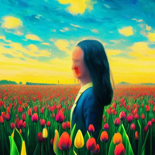 Image similar to girl with a giant tulip head, surreal photography, flower field, sunset dramatic light, impressionist painting, colorful clouds, blue sky, digital painting, artstation, simon stalenhag