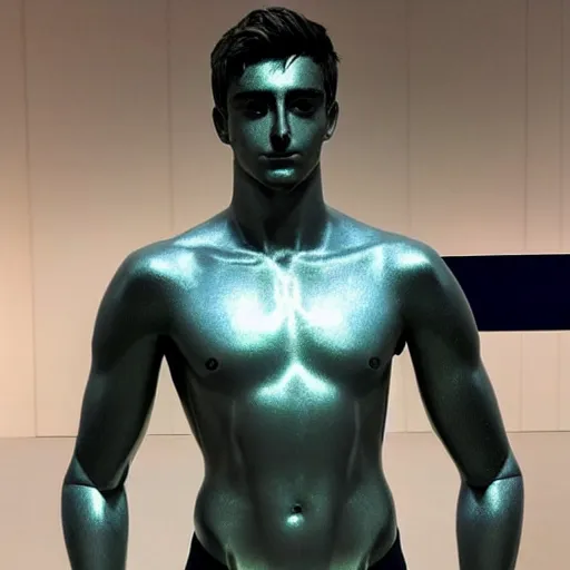 Prompt: “a realistic detailed photo of a guy who is an attractive humanoid who is half robot and half humanoid, who is a male android, British diver Chris Mears, shiny skin, posing like a statue, blank stare, at the museum, on display”