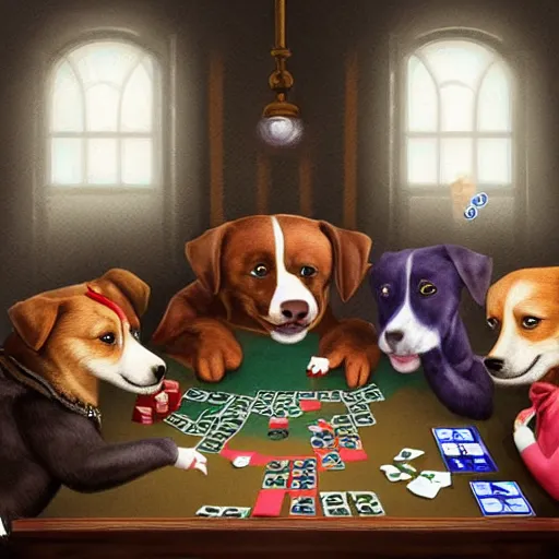 Prompt: dogs playing poker, digital art, artstation, high details