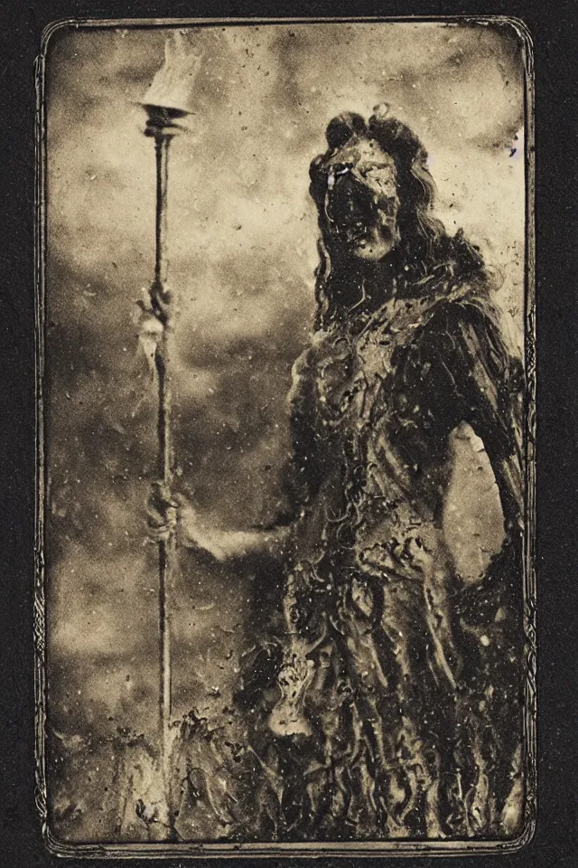 Image similar to wet plate sun tarot card victorian era, coal dust, in the style of brothers quay