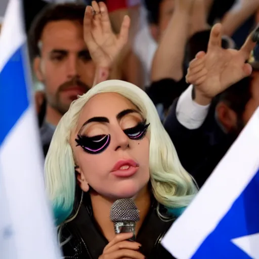 Image similar to Lady Gaga as president, Argentina presidential rally, Argentine flags behind, bokeh, giving a speech, detailed face, Argentina