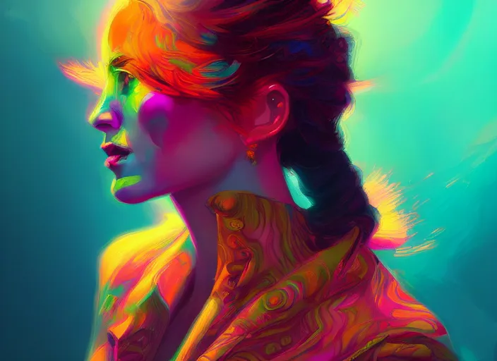 Prompt: A psychedelic portrait of dahlia diceling , vibrant color scheme, highly detailed, in the style of romanticism, cinematic, artstation, Moebius, Greg rutkowski