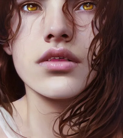 Prompt: ultra realistic illustration, portrait of 1 5 - year old girl with thick brown hair, large front teeth, and bright piercing brown eyes, intricate, elegant, highly detailed, digital painting, artstation, concept art, smooth, sharp focus, illustration, art by artgerm and greg rutkowski and alphonse mucha