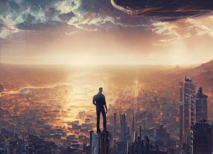 Prompt: closeup of a man [ standing on the pinnacle of a building ]!!, viewing out into a [ futuristic cityscape ]!!, dusk atmosphere, digital art illustrated by max hay and greg rutkowski, [ 8 0 s neon art style ]!!, neon wallpaper!!, golden ratio!!, centered!!