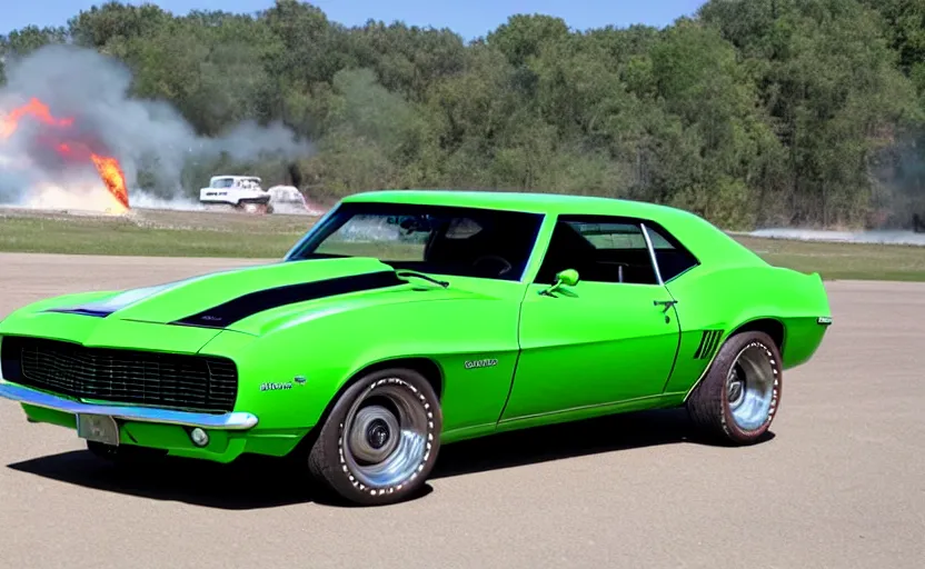 Image similar to a green 1 9 6 9 chevrolet camaro zl driving i high speed, fire explosion in the background