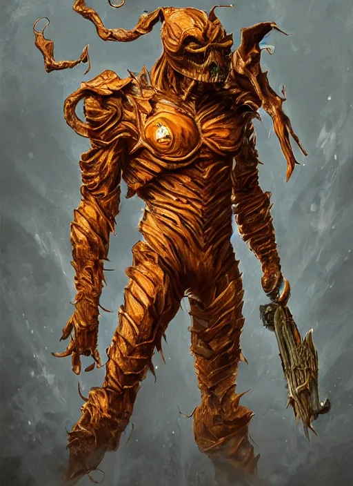 Prompt: powerful male pumpkin, willem dafoe as pumpkinhead, oz, full body character concept, covered in full metal armor, art nouveau, super powers, fantasy, intricate, elegant, highly detailed, digital painting, artstation, concept art, shining, sharp focus, illustration, art by stanley lau