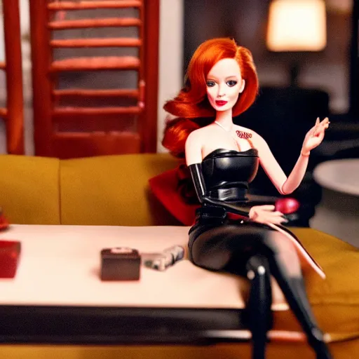 Image similar to amazing beautiful Christina Hendricks barbie doll wearing leather in the living room, film still from the movie directed by Denis Villeneuve , wide lens