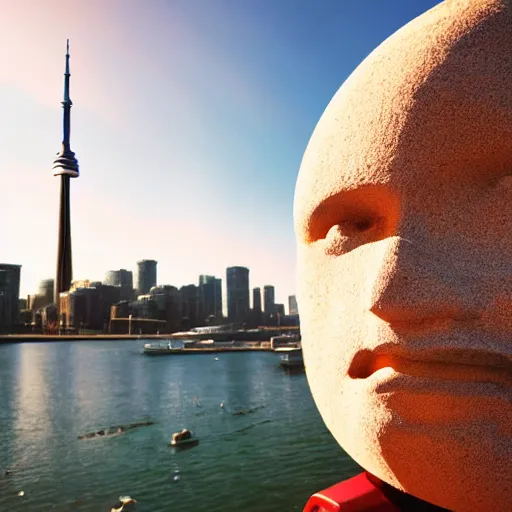 Prompt: Toronto tourist guide with planet mars as a head, dramatic cinematic lighting