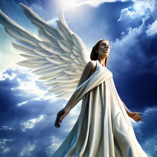 Image similar to gigantic biblical depiction of an angel mixed with a woman, towering over a vast landscape, cinematic, realistic, photorealistic, detailed, white body, global illumination, volumetric lighting, 8 k, beautiful, majestic clouds