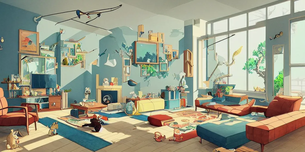 Prompt: a modern living room, natural lighting, playful color scheme, intricate details, matte painting, illustration, by hayao miyazaki