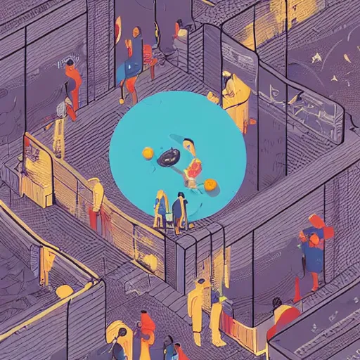 Prompt: illustration of a mobile phone with a planet inside the screen going out of it, in 4 d, detailed and intricate forty five degree isometric cross, small people walking on the phone screen, by victo ngai and studio muti