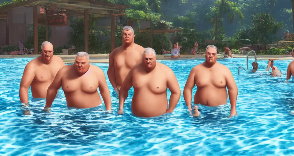 Image similar to digital art painting of exactly three adult brothers and their slightly overweight older father in a swimming pool , unreal 5, DAZ, hyperrealistic, octane render, volumetric clouds dynamic lighting