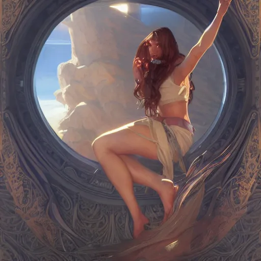 Prompt: a woman climbing out of a computer screen, D&D, fantasy, intricate, highly detailed, digital painting, artstation, concept art, smooth, sharp focus, illustration, art by artgerm and greg rutkowski and alphonse mucha