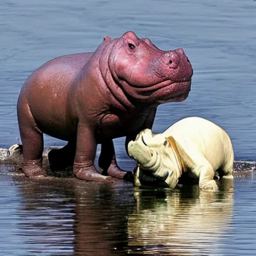 Image similar to falcor from the never ending story, eating a hippopotamus