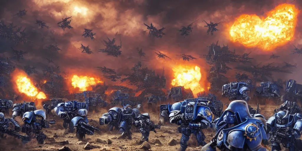 Image similar to warhammer 40k ultramarines, adeptus astartes, on the battle field, explosions and ruined empire on the background, digital art, illustration, wide angle, fine details, cinematic, highly detailed, octane render, 4k, unreal engine