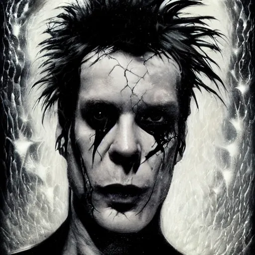 Image similar to stunning portrait of gaunt ( sid vicious ) a ( the cure fan ) as dream from sandman, dim stars as eyes, by jeremy mann, by cedric peyravernay, by by russ mills, by richard avedon and ben templesmith, dramatic lightning, sadness, dark eye sockets, in the shadows, punk rock, gothic, high detailed, 8 k
