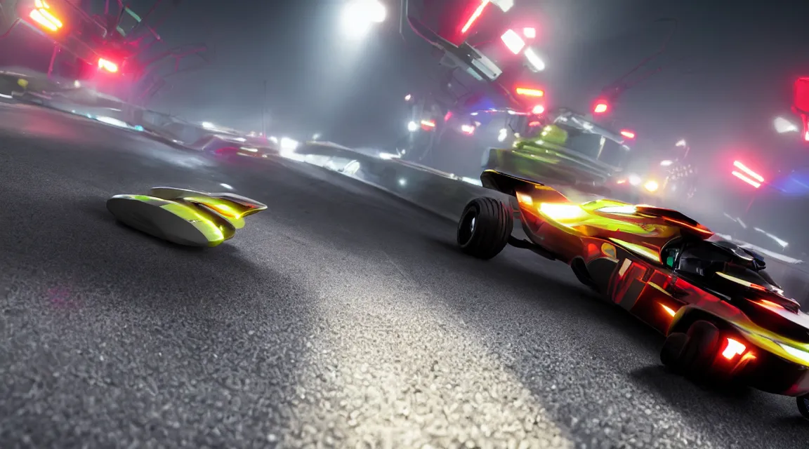 Image similar to mid to close up of a hover car from wipeout hd on a racetrack high motion blur lots of fog and very high depth of field LED strip lights on the road RTX render photorealistic 8k rendered on octane