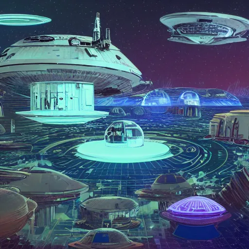 Prompt: a futuristic space colony with large round bubbled archaeologies, highly detailed, sci-fi, high-tech, star wars, star trek, firefly, neon lights