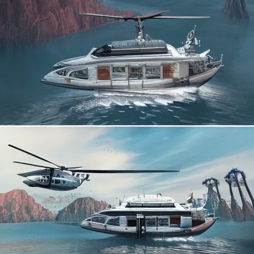 Image similar to rv mobile home boat helicopter, digital art, 3 d high definition, trending on artstation, photorealistic, high resolution, 8 k, octane, hyper detailed, trending on deviantart insane details, intricate, elite, ornate, elegant trend, highly detailed and intricate, sharp focus, photography, unreal engine