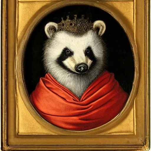 Image similar to renaissance style portrait of an european badger wearing a crown and a cape, dark background