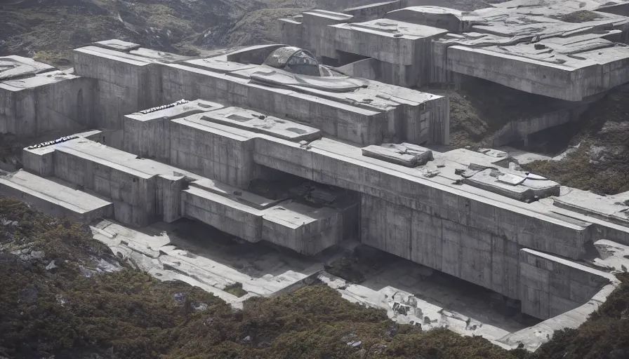 Prompt: big brutalist imperial military base on cliffs, drawing architecture, very long shot, top angle, imperial architecture in rogue one, pritzker architecture prize, brutalism, jan urschel