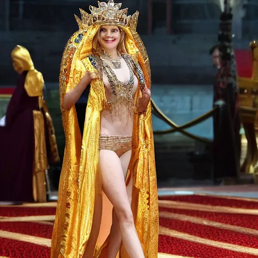 Image similar to A full body shot of Emma Stone wearing a golden Arabian crown , royality, high quality, fully detailed, 4k