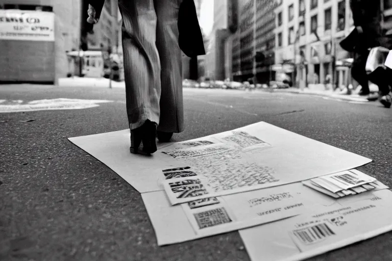 Prompt: closeup potrait of Hillary Clinton leaving behind a trail of envelopes in a new york street, screen light, sharp, detailed face, magazine, press, photo, Steve McCurry, David Lazar, Canon, Nikon, focus