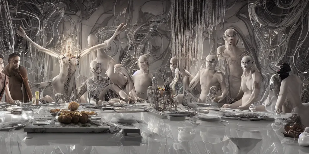 Prompt: !13 diverse aliens on !one_side of a !marble table, eating luxurios meals !!posing_as_last_supper cinematic lighting, their clothes are high tech suits, intricate cables adorne their bodies and heads, detailed implants, satin, crystal, liquid, surreal, floating, !!highly detalied, 4k, artstation, by Rolf Armstrong