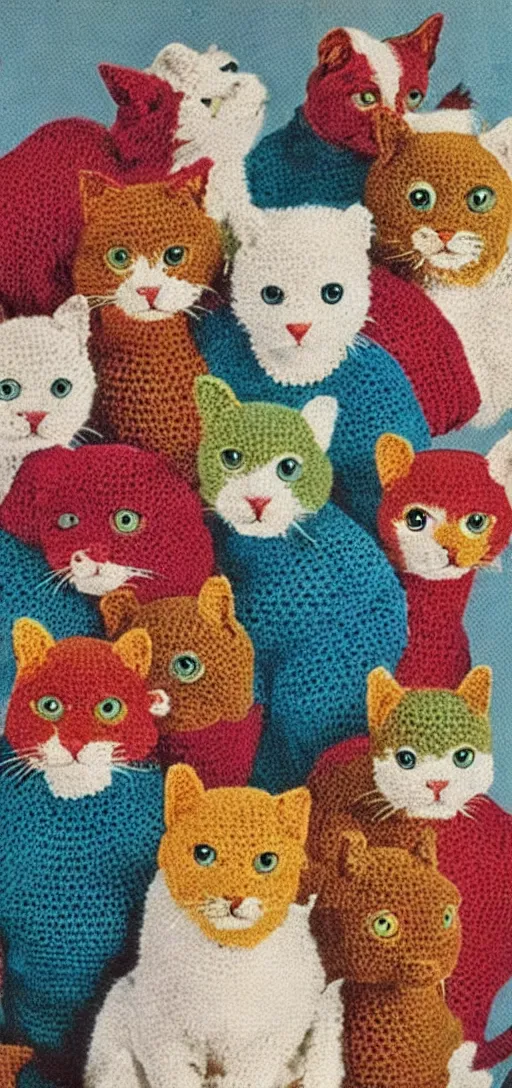 Prompt: multicolored crocheted cats, 1 9 4 0 s catalogue photo,