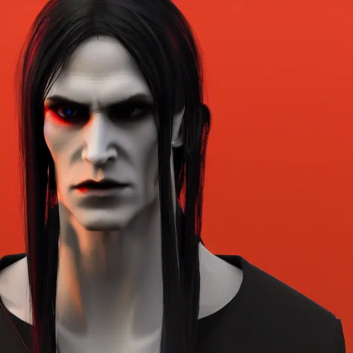 Image similar to a pale vampire, long black hair, clean shaven, dressed formally in red and black, highly detailed, concept art, smooth, sharp focus, unreal engine 5, 8 k.