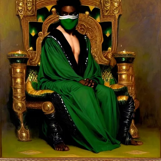 Image similar to full body portrait of black skinned, masked queen in green and black gothic robes sitting on a throne of cats, elegant, highly detailed painting by gaston bussiere, craig mullins, j. c. leyendecker, 8 k, mid shot