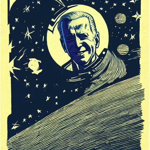 Image similar to Woodcut portrait of joe biden falling into the stars by greg rutkowski, 4k, intricate details